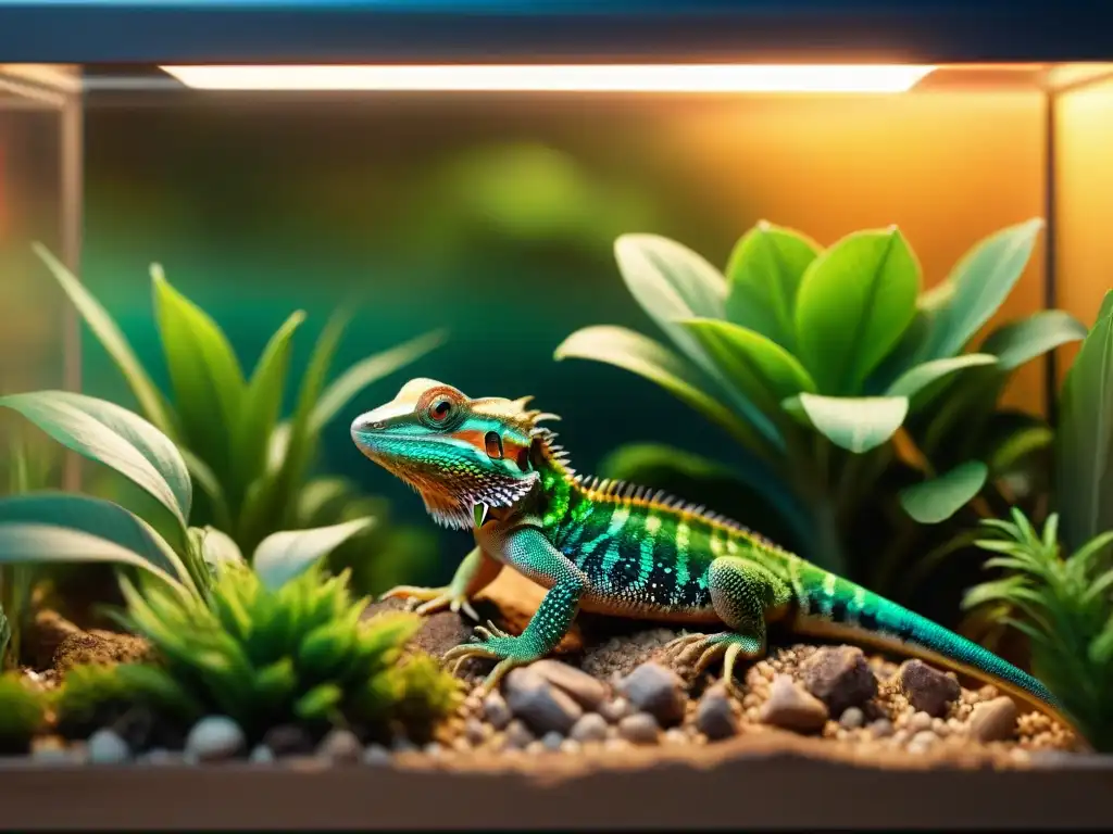Terrario exuberante con dragón barbudo feliz Un terrario exuberante con un dragón barbudo feliz bajo una lámpara de calor