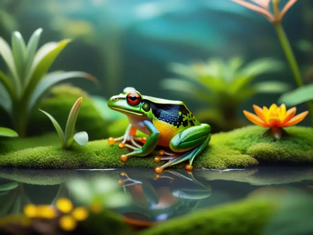 Un terrario exuberante con grupo de ranas exóticas