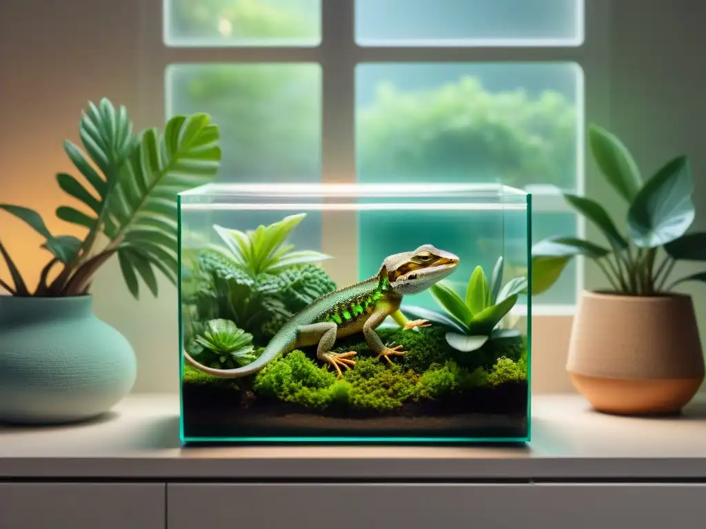 Terrario exuberante para lagarto, detalle ultrarrealista Un terrario exuberante con iluminación natural para lagartos en casa, lleno de plantas vibrantes y un lagarto contento bajo una lámpara de calor