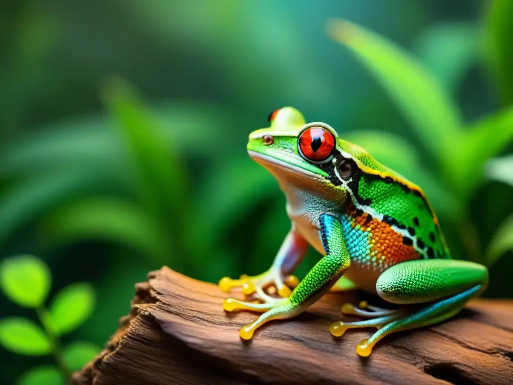 Un terrario exuberante con plantas exóticas y coloridas mascotas, iluminado cálidamente