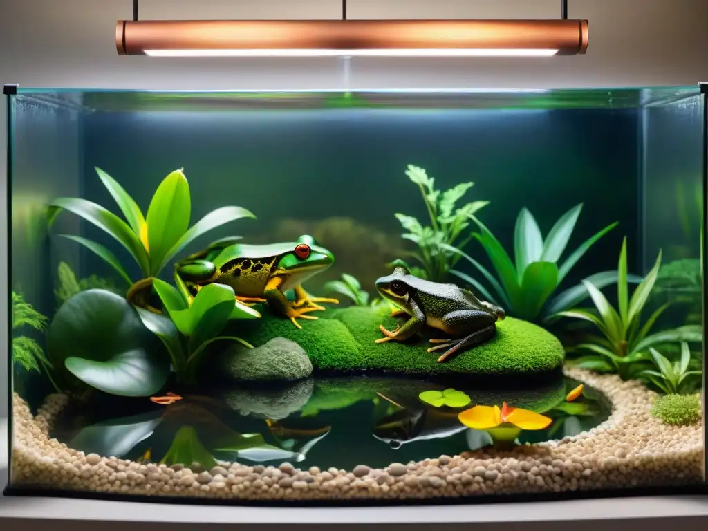 Hábitat exuberante: bullfrogs en terrario vibrante Un terrario exuberante con ranas toro coloridas disfrutando de su hábitat tranquilo