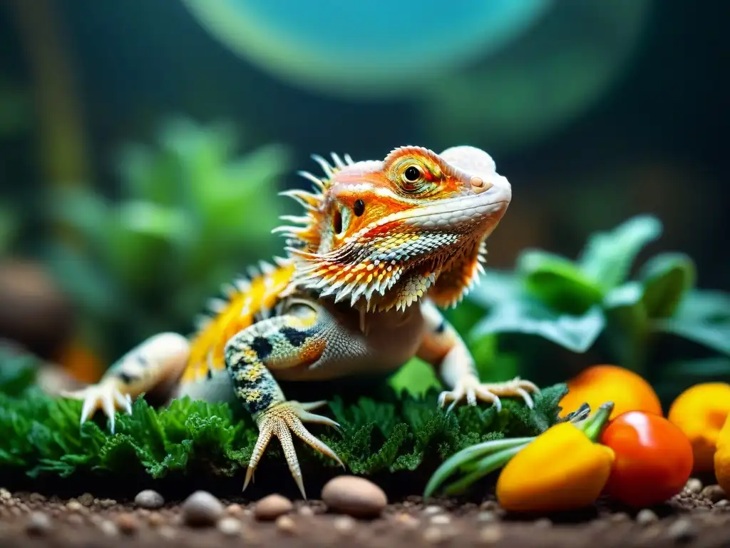 Hábitat ideal para dragón barbudo con vegetales y insectos Un terrario exuberante y vibrante para un dragón barbudo con dieta de alimentos premium