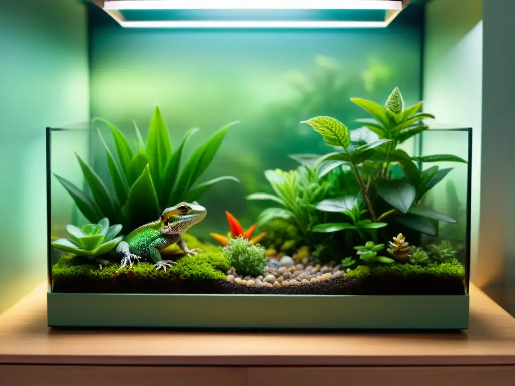 Terrario vibrante para lagarto con juguetes y plantas realistas Un terrario exuberante y vibrante para lagartos con los mejores juguetes, creando un ambiente natural y estimulante