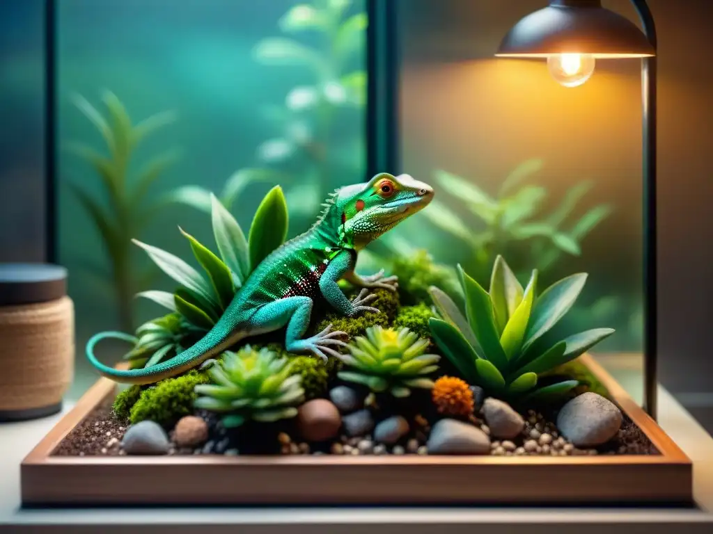 Terrario exuberante para lagarto con juguetes y accesorios Un terrario exuberante y vibrante con los mejores juguetes para lagarto, creando un ambiente de calidad de vida