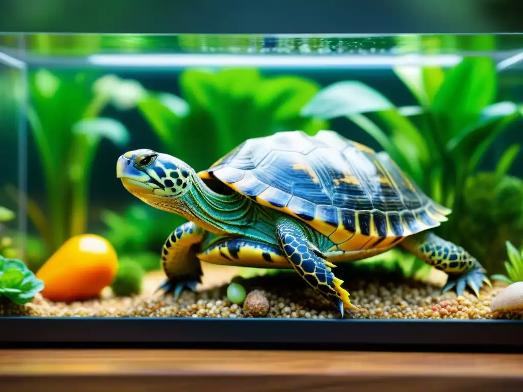 Terrario exótico para tortugas: dieta vibrante y natural Terrario con alimentación óptima para tortugas exóticas: verduras, frutas y proteínas de alta calidad en ambiente natural