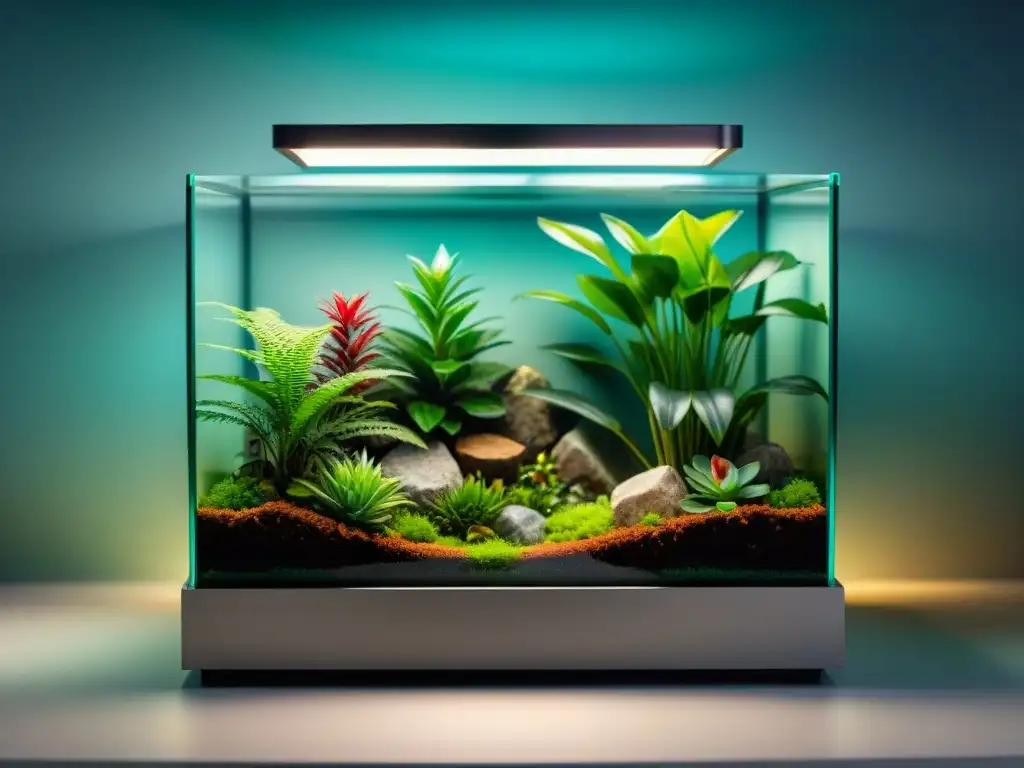 Terrario personalizado para mascotas exóticas: hábitat ideal Un terrario personalizado para mascotas exóticas, con paredes de vidrio, plantas exuberantes y rocas artificiales realistas