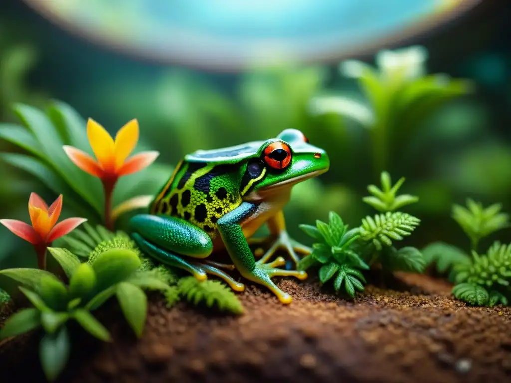 Un terrario tropical exuberante con ranas exóticas de colores y patrones variados, en una crianza ética de ranas exóticas