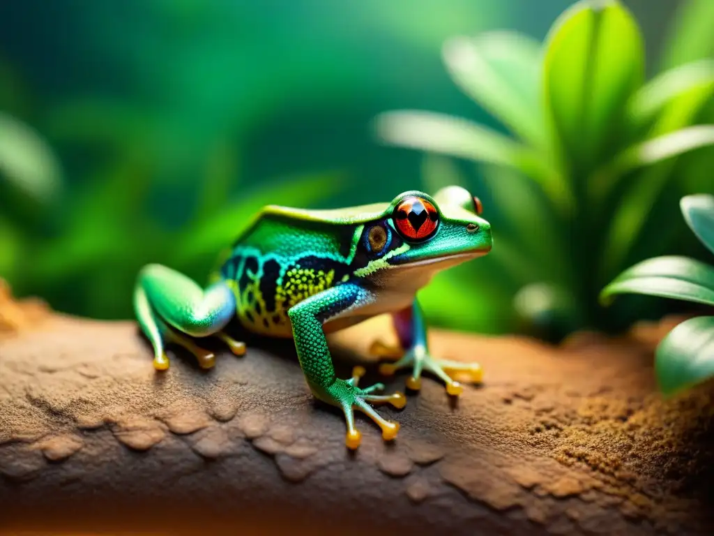 Un terrario tropical vibrante con mascotas exóticas detalladas y coloridas