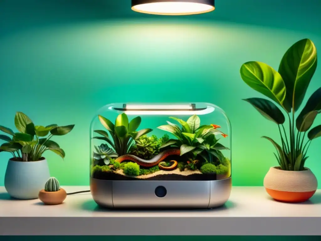 Terrario vibrante para serpientes: ambiente acogedor y enriquecedor Un terrario vibrante con accesorios esenciales para serpiente: juguetes coloridos y vegetación exuberante