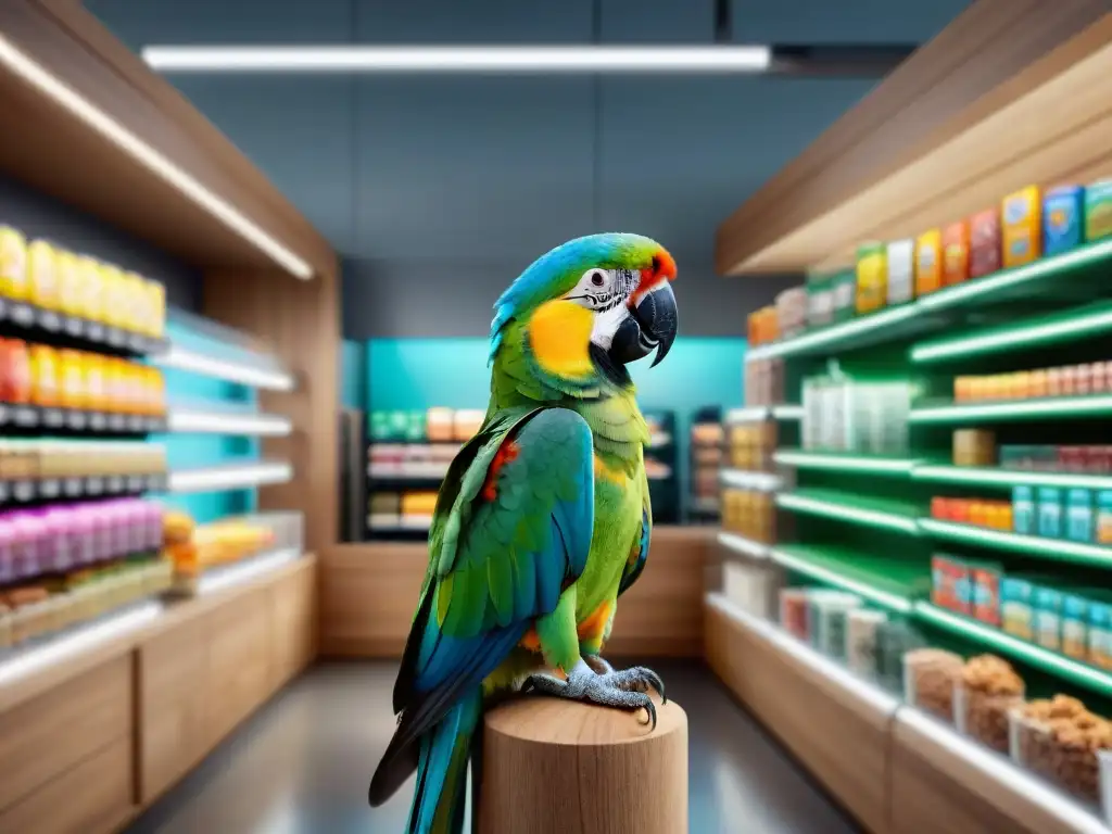 Tienda de mascotas exóticas: alimentos premium y asesoramiento profesional Una tienda de mascotas exóticas con alimentos premium vibrantes y detallados