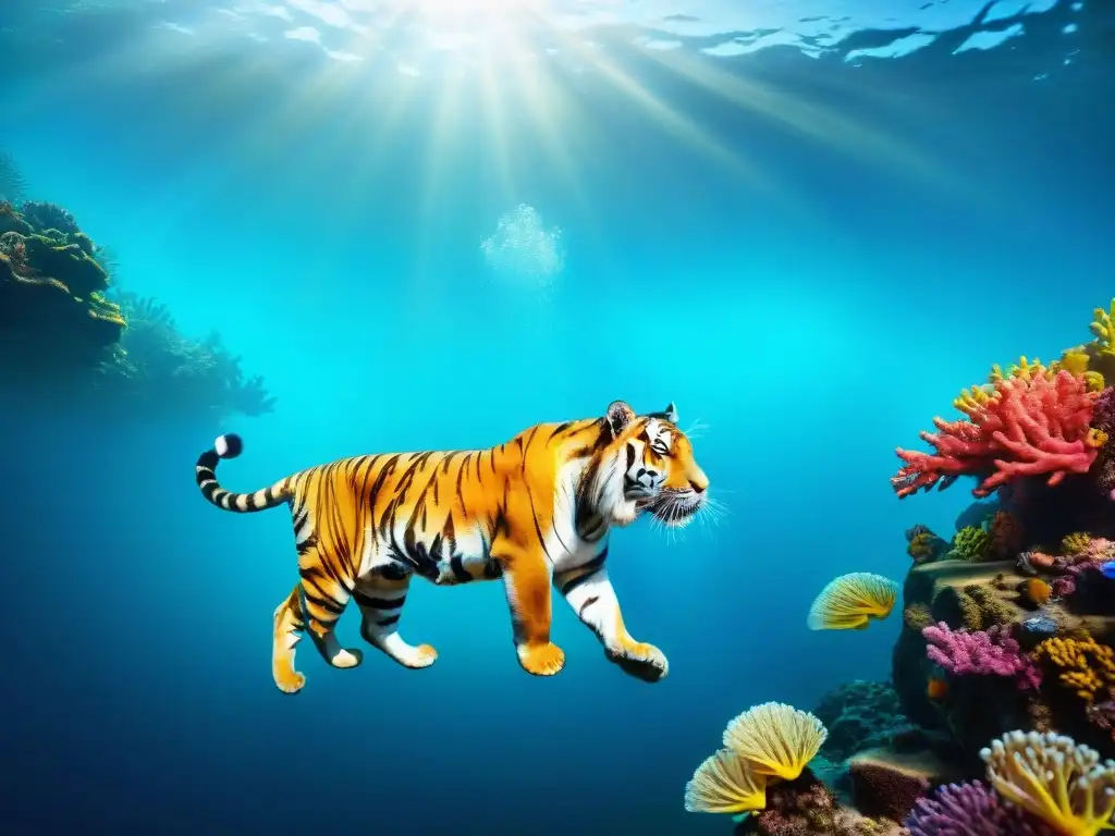 Tigre de Bengala nadando en el mar: una escena surrealista y cautivadora Un tigre de Bengala majestuoso nada grácil en el mar, rodeado de peces y arrecifes de coral, en una escena surrealista de convivencia con tigre en mar