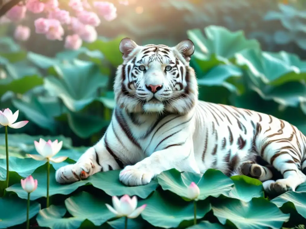 Esencia de Ayurveda: Tigre Bengalí Blanco entre Flores de Loto Un tigre blanco majestuoso descansa entre hojas verdes y flores de loto, bajo el sol poniente