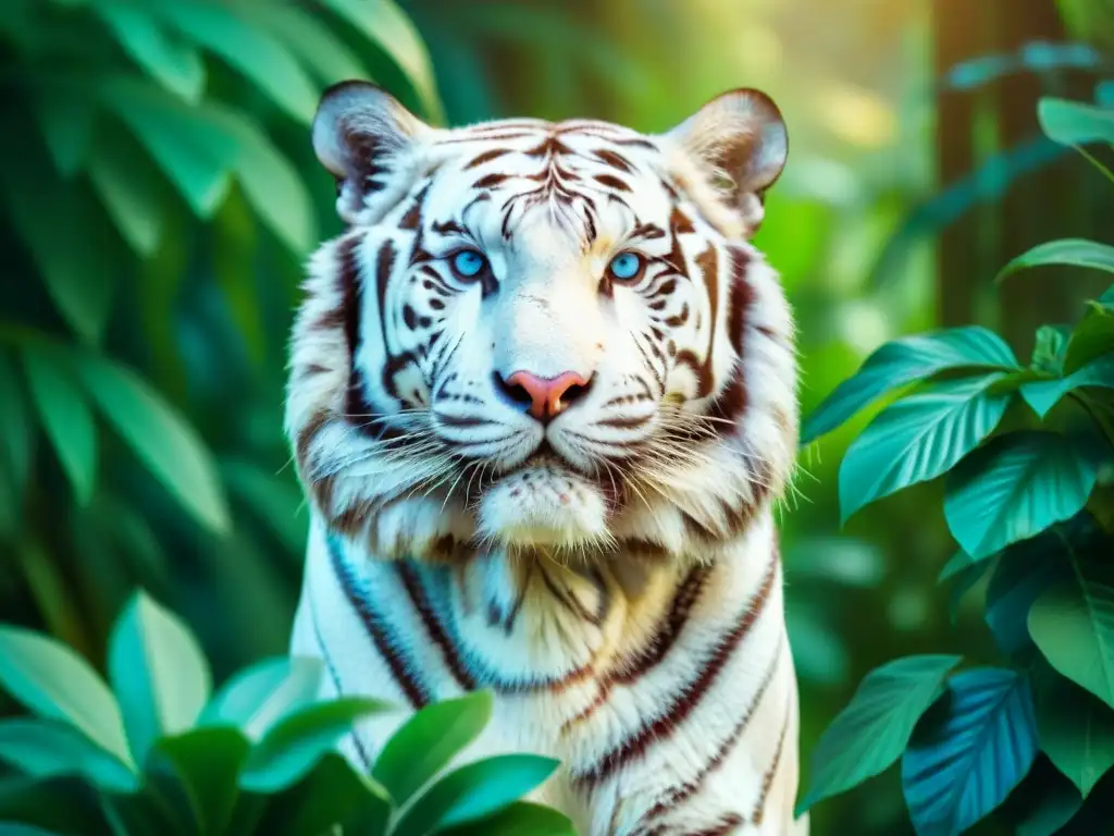 Un tigre blanco majestuoso con ojos azules en la jungla tropical