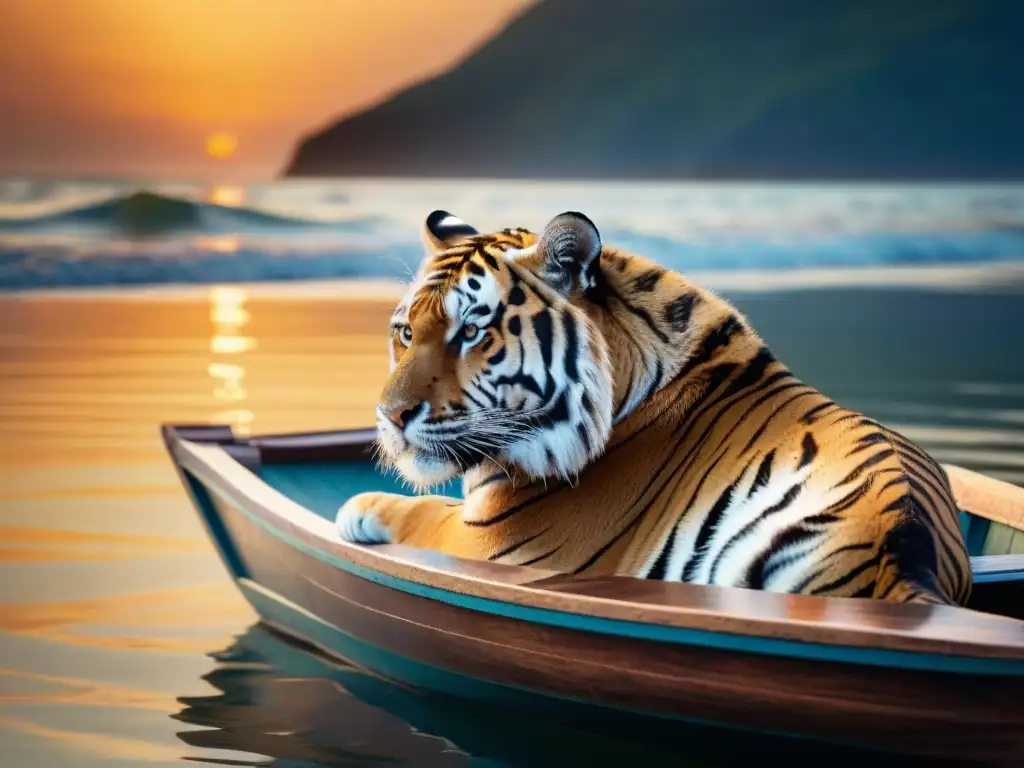 Armonía en el océano: Tigre de Bengala en barca al atardecer Un tigre majestuoso descansa en un bote de madera en el mar al atardecer, transmitiendo armonía y convivencia con tigre en mar