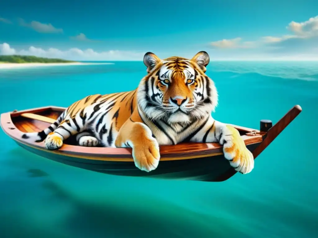 Imponente tigre de Bengala en un bote en alta mar Un tigre majestuoso descansa en un bote de madera en el mar, creando una convivencia única