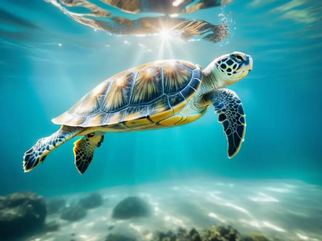 Tortuga biónica futurista nadando entre la naturaleza y la innovación Una tortuga biónica exótica nada grácilmente entre la vida marina, mostrando sus avances tecnológicos