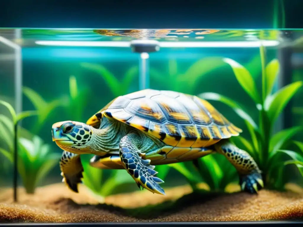 Biónica: Tortuga futurista nadando en acuario cristalino Una tortuga biónica exótica nada elegantemente en un acuario, destacando su fusión de tecnología avanzada con su caparazón natural
