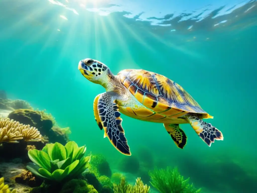 Exótica tortuga nadando en agua cristalina Una tortuga exótica nadando grácilmente en aguas cristalinas, rodeada de plantas acuáticas y peces, en un escenario sereno y cautivador
