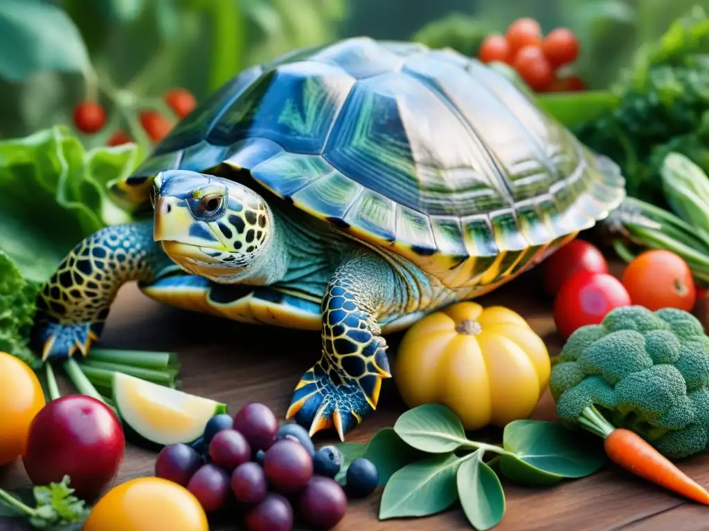 Exótica tortuga verde rodeada de frutas y verduras vibrantes Una tortuga exótica rodeada de frutas y verduras frescas, mostrando una alimentación óptima para tortugas exóticas