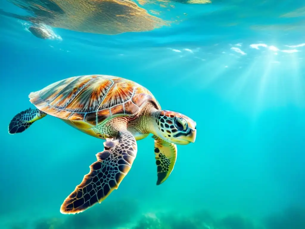 Resiliencia de la tortuga marina: belleza y peligro Una tortuga marina majestuosa nada en aguas turquesas, transmitiendo resiliencia y vulnerabilidad ante las consecuencias del cambio climático