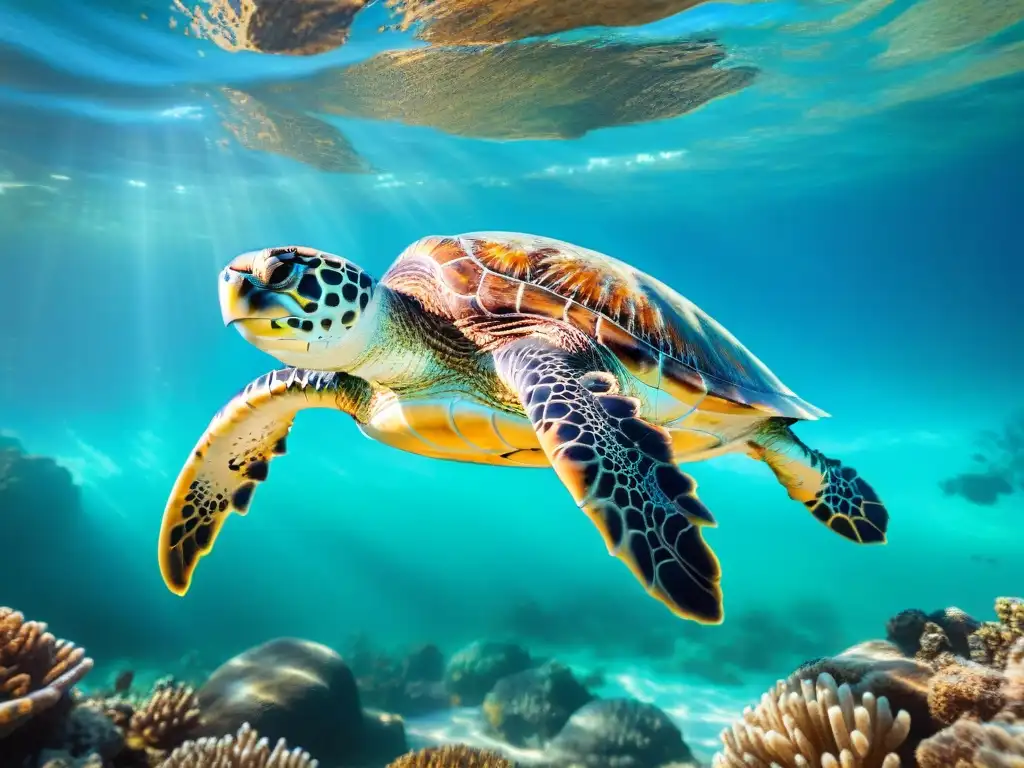 Maravillosa tortuga marina en su hábitat natural Una tortuga marina majestuosa nada entre arrecifes de coral, creando un ecosistema vibrante