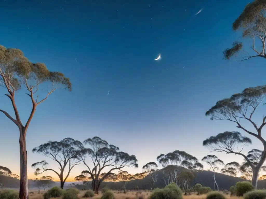 Nocturno encuentro en el outback australiano: marsupiales bajo la luna Un tranquilo escenario nocturno en el outback australiano, con marsupiales nocturnos adaptando su rutina bajo la luna