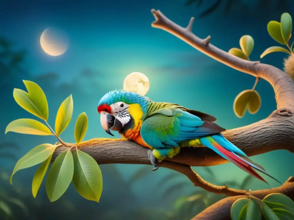 Noche de selva: animales exóticos duermen bajo la luna Un tranquilo escenario nocturno en la jungla con animales exóticos durmiendo pacíficamente bajo la luz de la luna