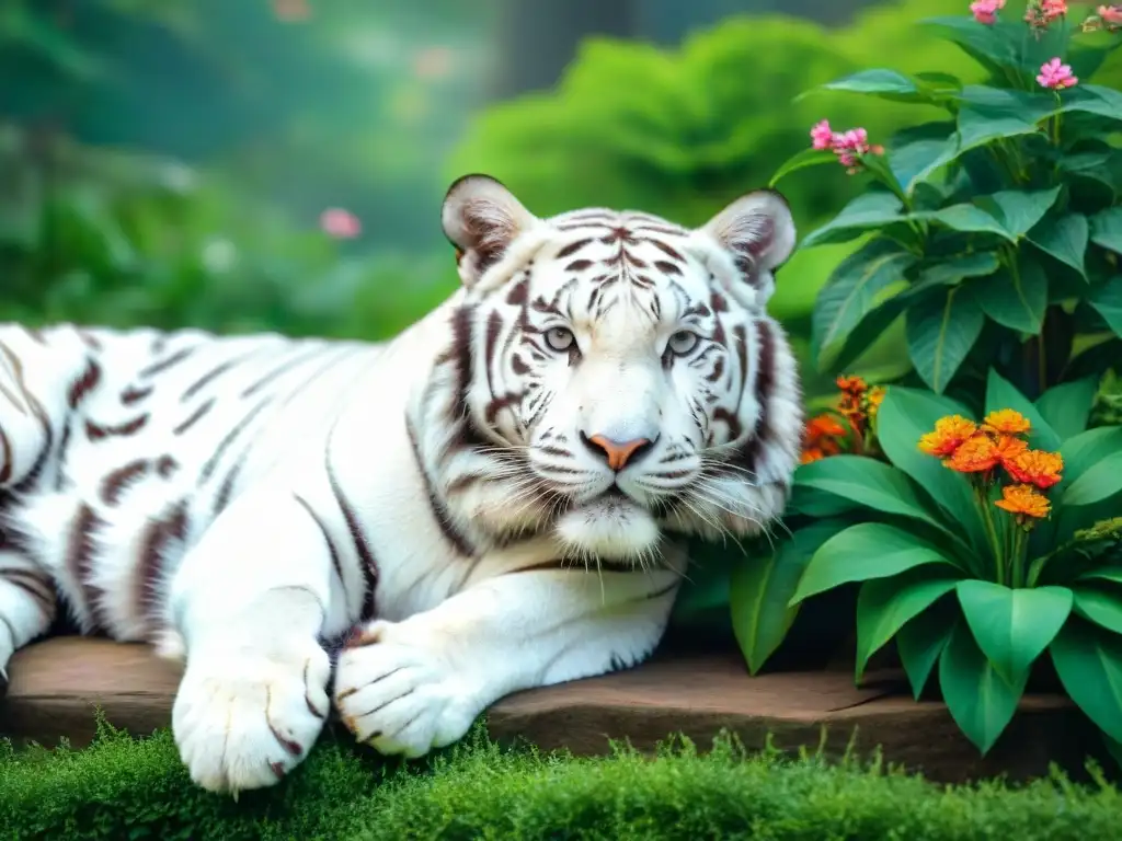 Sanación natural: veterinario Ayurveda y tigre blanco en jardín exótico Tratamiento ayurveda para mascotas exóticas: majestuoso tigre de Bengala blanco en jardín exuberante con veterinario ayurvédico