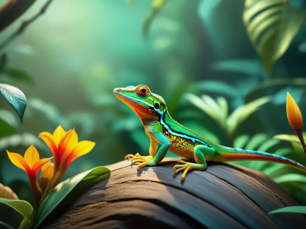 Un jardín tropical exuberante donde anolis y niños conviven en armonía bajo la cálida luz del sol