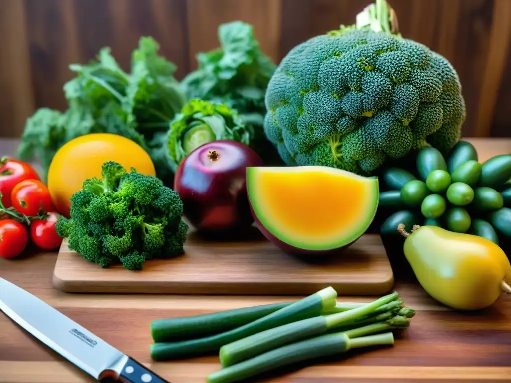 Vibrante selección de frutas y verduras para psitaciformes Una variedad colorida de frutas y verduras frescas en tabla de cortar de madera, junto a un cuchillo de chef