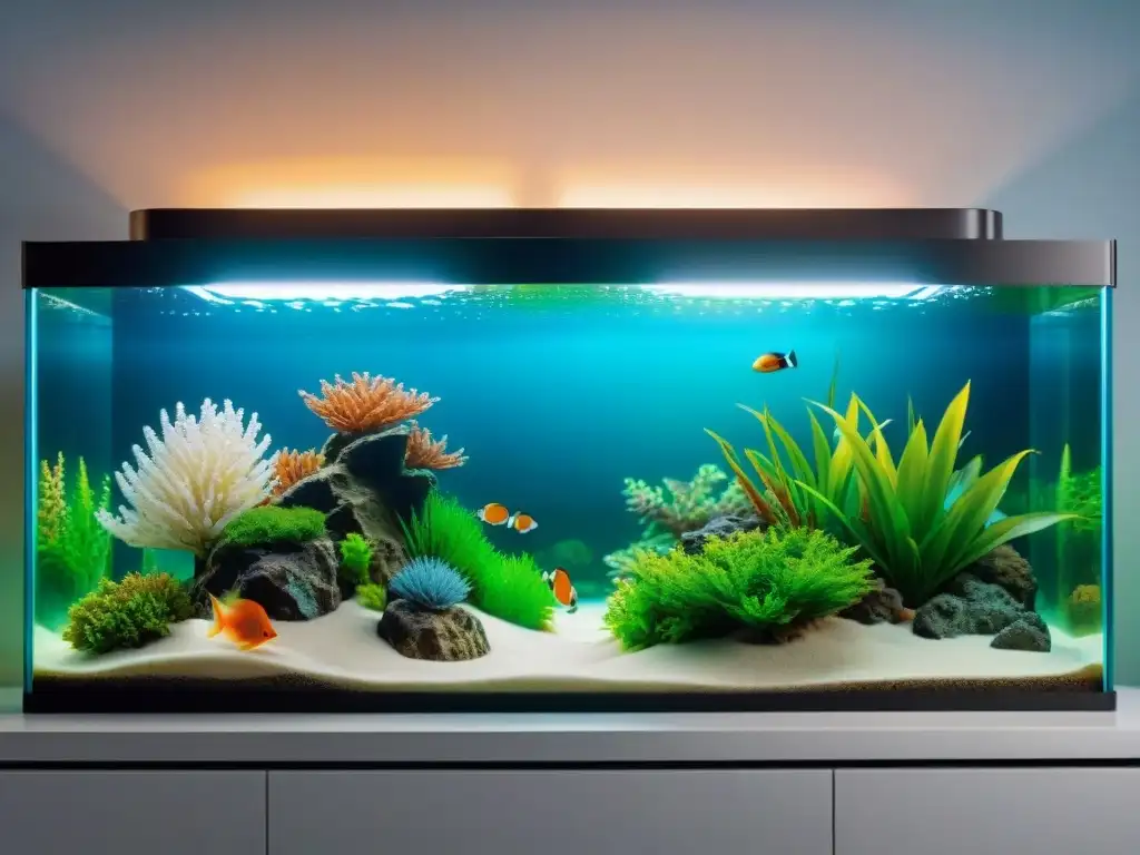 Filtros de acuario detallados: exhibición moderna y diversa Una variedad de filtros de acuarios en una estantería moderna