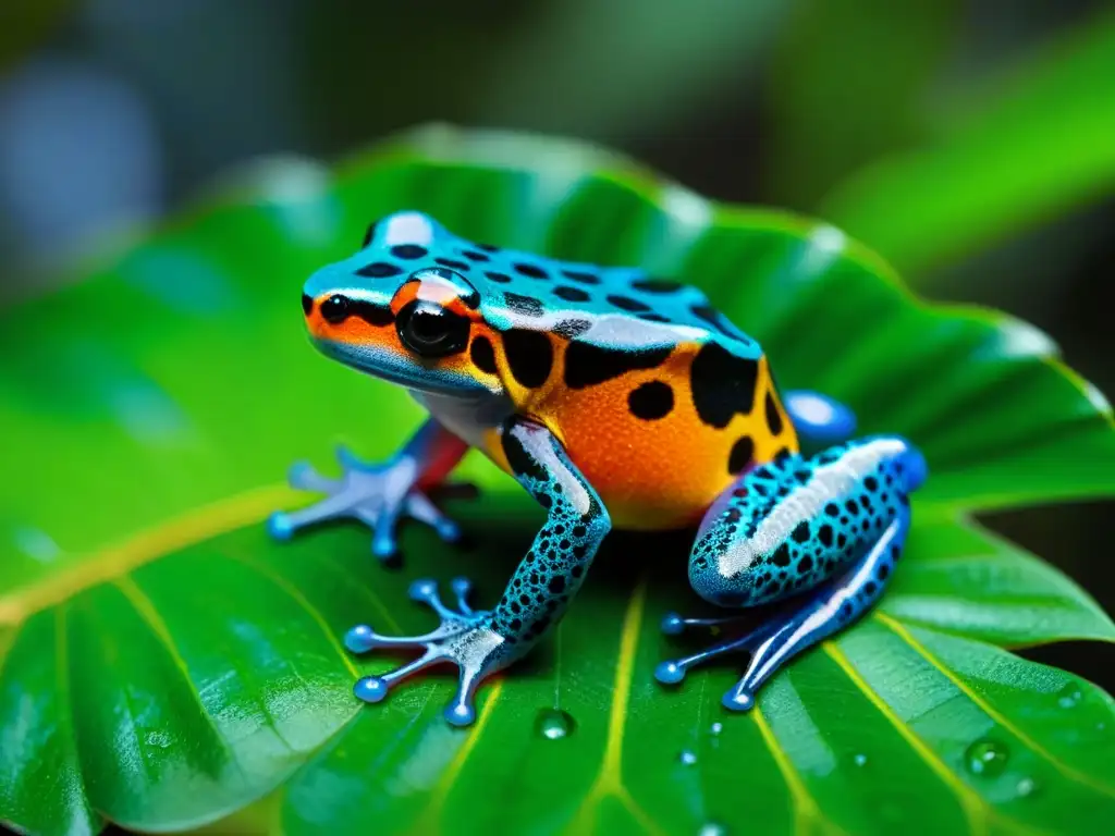 Belleza tóxica: rana dardo venenoso en selva tropical Un venenoso ciclo de vida: rana venenosa sobre hoja verde en selva tropical