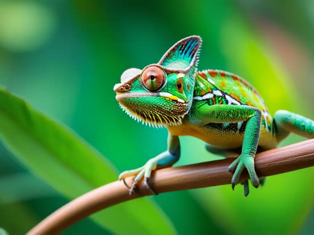 Un camaleón verde captura delicadamente un grillo con su lengua pegajosa