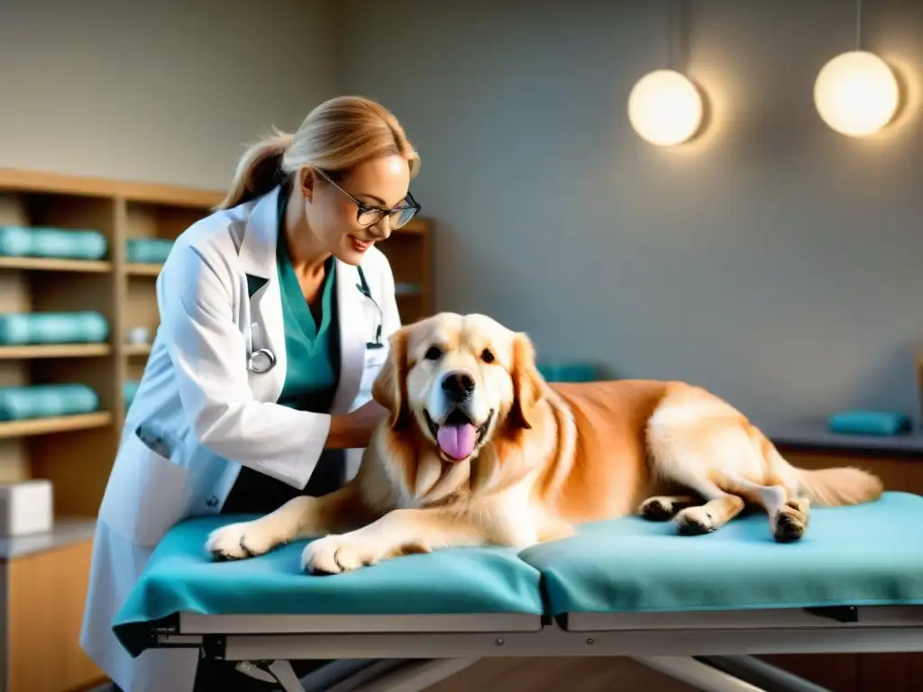 Veterinario cuidando a un Golden Retriever mayor en consulta Una veterinaria examina con cuidado las orejas de un adorable golden retriever mayor en una mesa de examen, transmitiendo confianza y profesionalismo