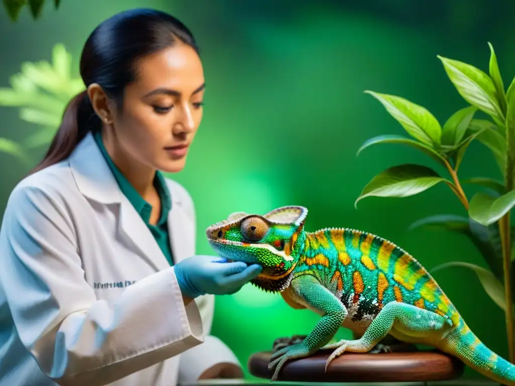 Un veterinario examina con cuidado a un camaleón en clínica de mascotas exóticas