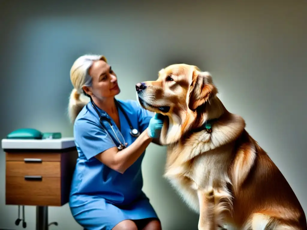 Veterinario cuidadoso examina oídos de golden retriever mayor Un veterinario cuidadoso examina con amor las orejas de un sabio golden retriever en la mesa