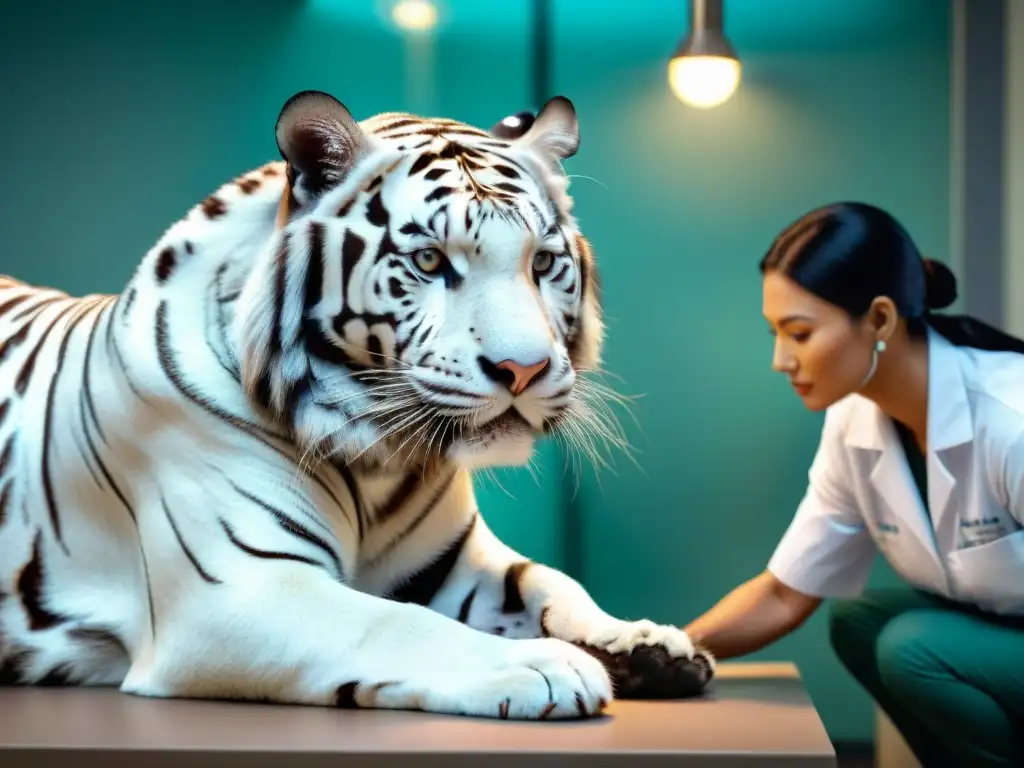 Veterinario experto atiende a tigre blanco Bengalí con delicadeza en clínica especializada Un veterinario experto cuida con delicadeza a un majestuoso tigre de Bengala blanco en una clínica especializada