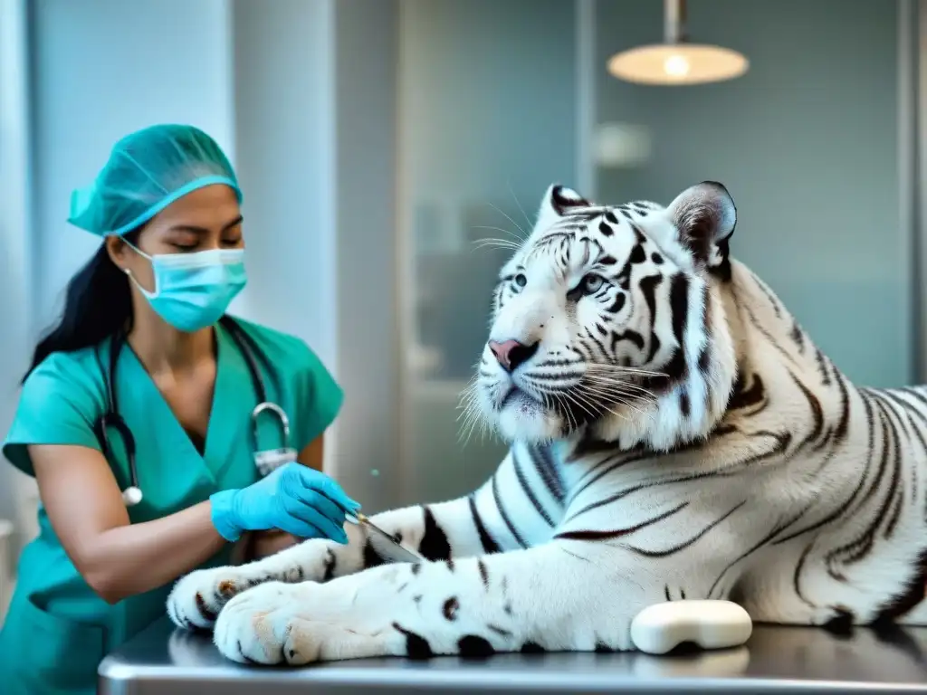 Veterinario experto cuida a tigre blanco en clínica moderna Un veterinario experto administra cuidadosamente medicación a un majestuoso tigre blanco de Bengala en una clínica veterinaria de alta tecnología