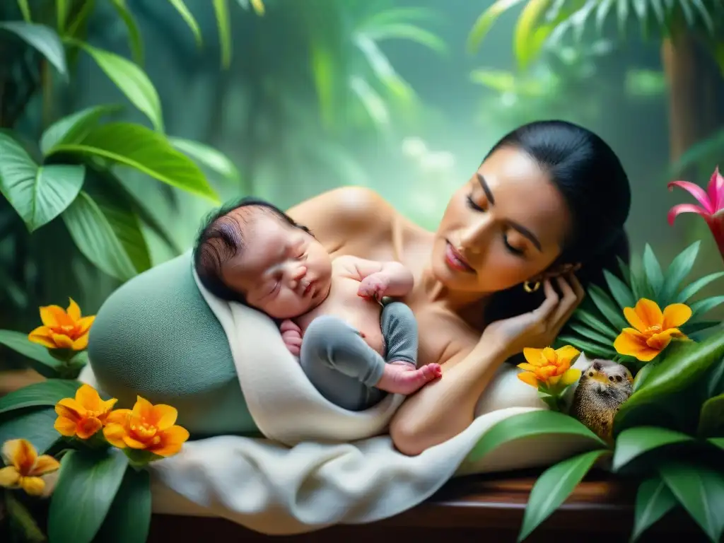 Un veterinario experto asiste en el parto de una mascota exótica entre plantas tropicales vibrantes