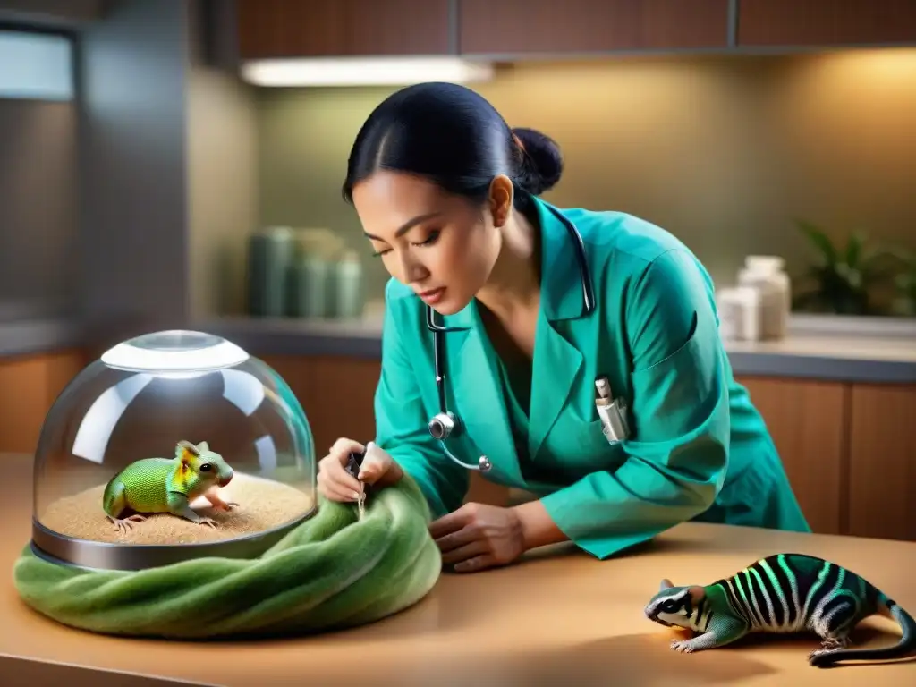 Veterinario asistiendo en parto de mascota exótica con cuidado y experticia en entorno médico avanzado