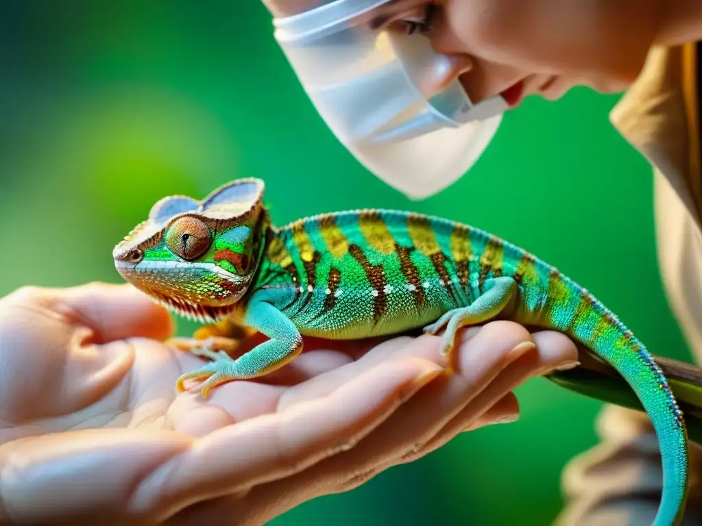Veterinario asistiendo en el parto de un camaleón bebé