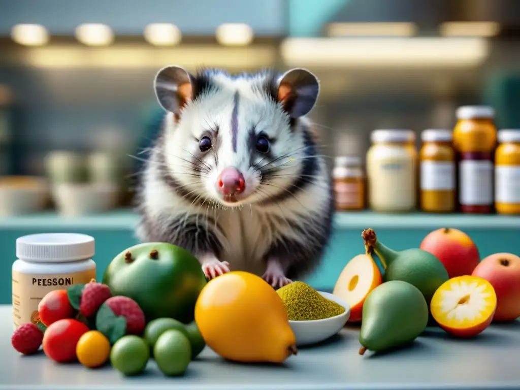 Veterinario experto preparando dieta especial para zarigüeya Veterinario preparando con precisión una dieta especial para un oposum en clínica con nutrición adecuada para mascota