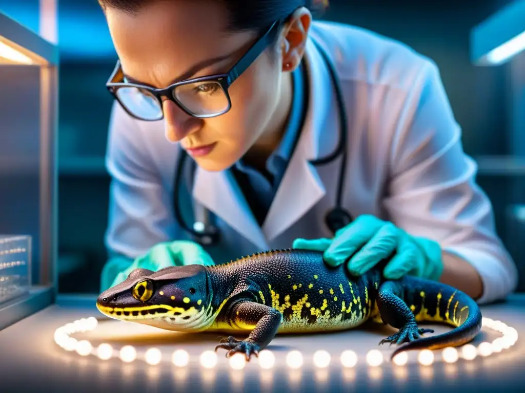 Veterinario examinando salamandra: parásitos microscópicos Un veterinario examina minuciosamente a una salamandra moteada bajo intensas luces de clínica, revelando parásitos microscópicos en su piel