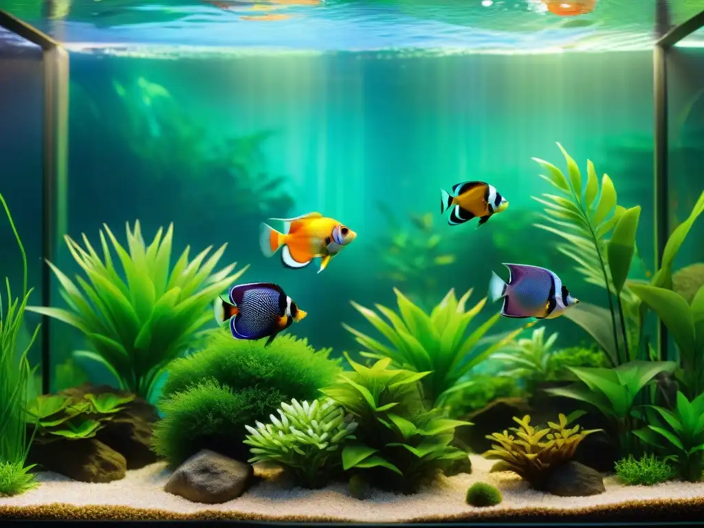 Acuario de agua dulce: belleza exótica bajo el agua Un vibrante acuario de agua dulce con peces exóticos como Discus y Tetras, en un ecosistema saludable