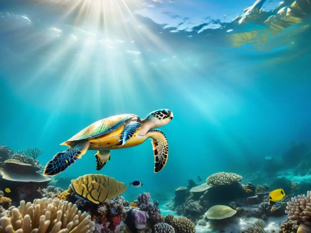 Arrecife de coral vibrante con tortugas marinas Un vibrante acuario marino para tortugas exóticas en un arrecife de coral lleno de vida marina colorida