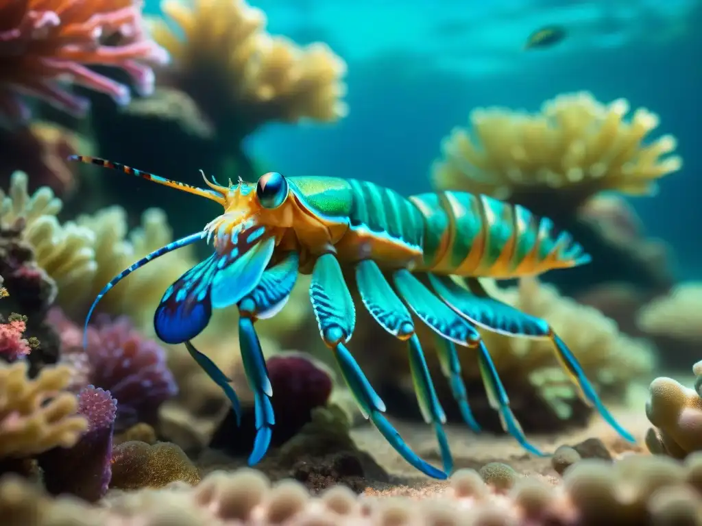 Maravilloso acuario submarino con camarones mantis coloridos Un vibrante acuario submarino con coloridos camarones mantis entre corales