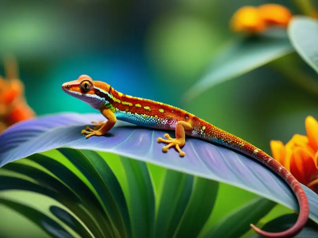 Espectacular diversidad de colores en geckos en su hábitat natural Un vibrante arcoíris de geckos en un exuberante hábitat tropical, mostrando la diversidad de especies y colores