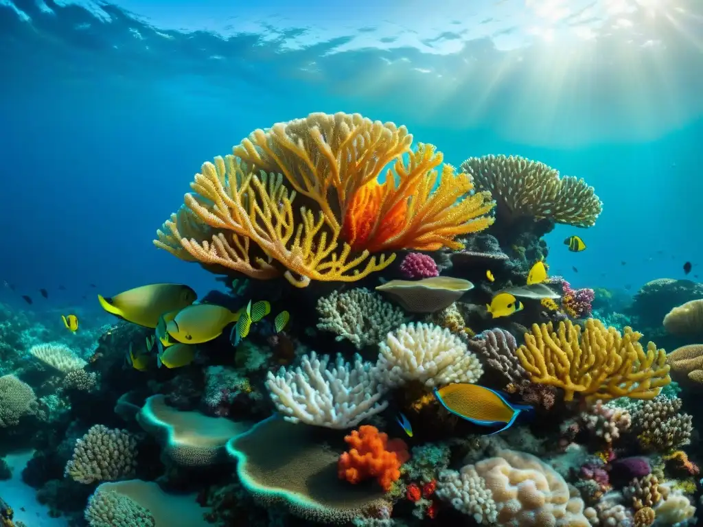 Vibrante arrecife de coral bajo el agua con corales blandos y duros