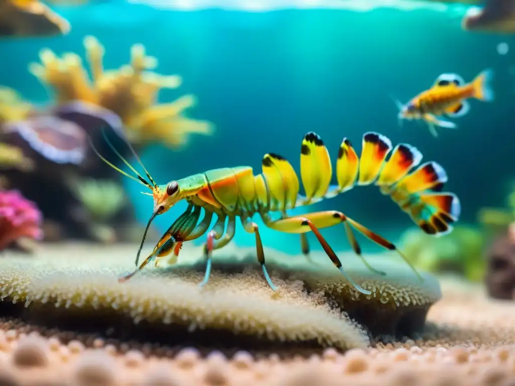 Majestuosos camarones mantis en arrecife de coral Un vibrante arrecife de coral con camarones mantis en un acuario