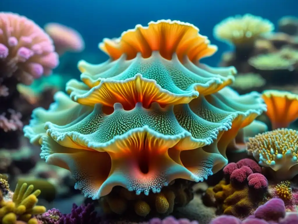 Arrecife de coral vibrante: una obra maestra fotorealista Un vibrante arrecife de coral con corales LPS y SPS cuidados en aguas cristalinas, creando una escena cautivadora